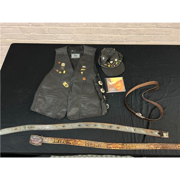 Lot of Leather Vest, Hat, 3 Belts and Alan Jackson CD
