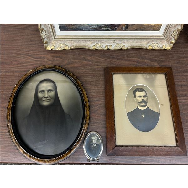 3 Antique Black and White Photographs - Woman Oval Frame 22x18" Man Wood Frame 19x6" Older Woman Sm