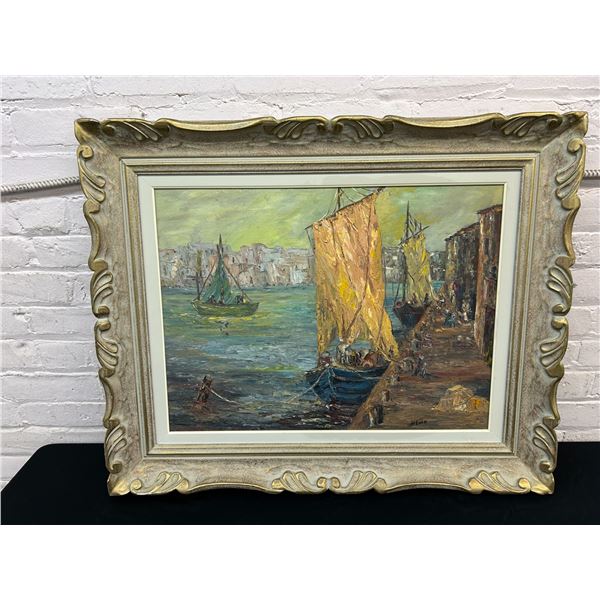 Large Signed Impasto Oil Painting of Harbour Scene in Ornate 32x24" Frame