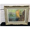 Image 1 : Large Signed Impasto Oil Painting of Harbour Scene in Ornate 32x24" Frame