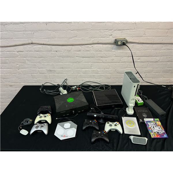 Xbox and Xbox 360 Lot Consoles, Controllers, Power, Video, Accessories (As is)