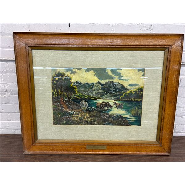 "Midst Heather & Hills" Framed Original Painting Cows in Landscape, Vintage Antique 3ft x 28"