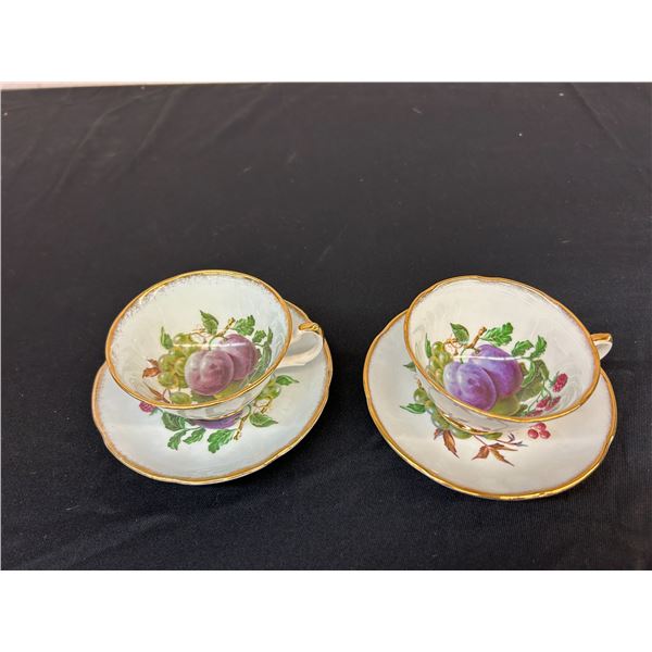 2-Royal Grafton Fancy Fruit Plum Grapes & Berries Cup & Saucer 1950s