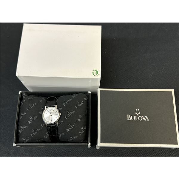 Bulova Womens Quartz Silver Tone Dial Black Leather Band 25mm Watch 96L104