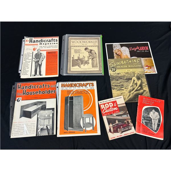 Handicrafts Magazine circa 1930s, Sunbathing & Health Magazine 40s, Woodworker, 50s Automotive, etc