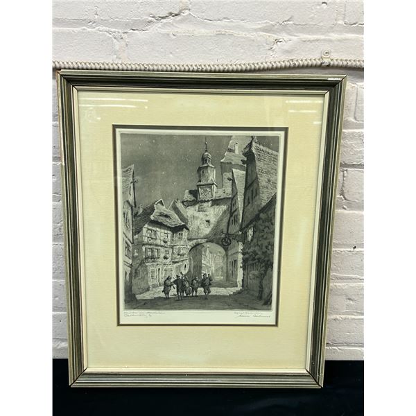"Rothenburg" Vintage Antique Signed German Etching Framed Artwork 18" x 21"