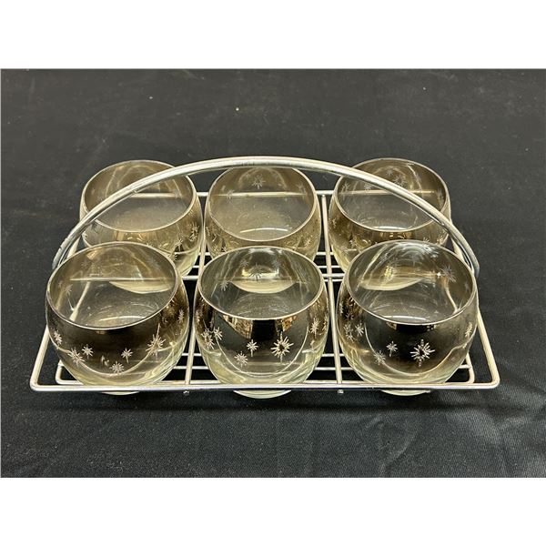 Vintage Silver Fade Embossed Roly Poly Caddy Set of 6 Glasses, MCM