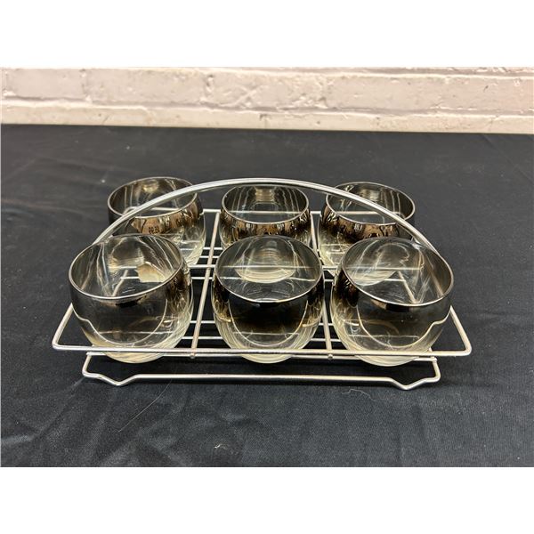 Vintage Silver Fade Roly Poly Caddy Set of 6 Glasses, MCM