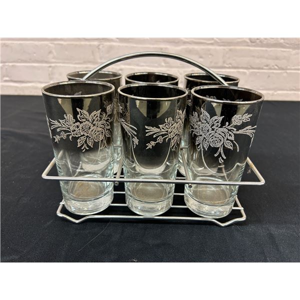 Vintage MCM Silver Fade Embossed Tall Rocks Glasses Set of 6 with Caddy
