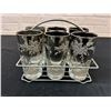 Image 1 : Vintage MCM Silver Fade Embossed Tall Rocks Glasses Set of 6 with Caddy