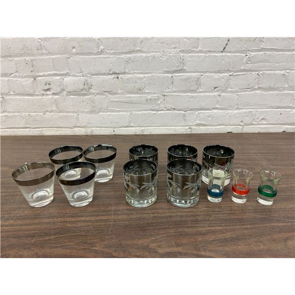 Lot of 12pcs Vintage Glassware Silver Rim, Silver Fade Etched Rocks Glasses, Art Deco Shot Glasses