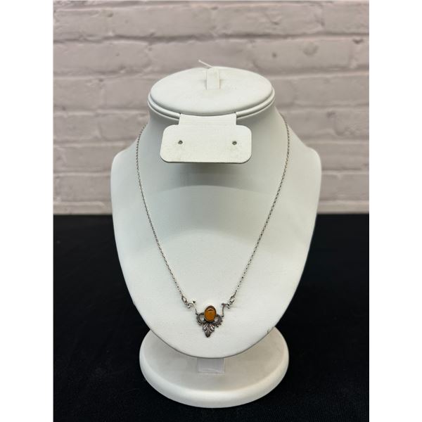 Sterling Silver Necklace with Pendant, Amber? Stone, 17" long