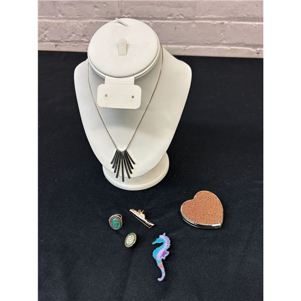 Lot of Assorted Costume Jewelry, Engraved Pocket Mirror, Necklace