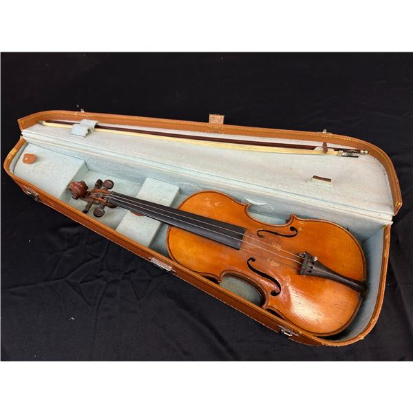 Vintage Unmarked Wooden Violin with Bow, in Case (as is, damage)