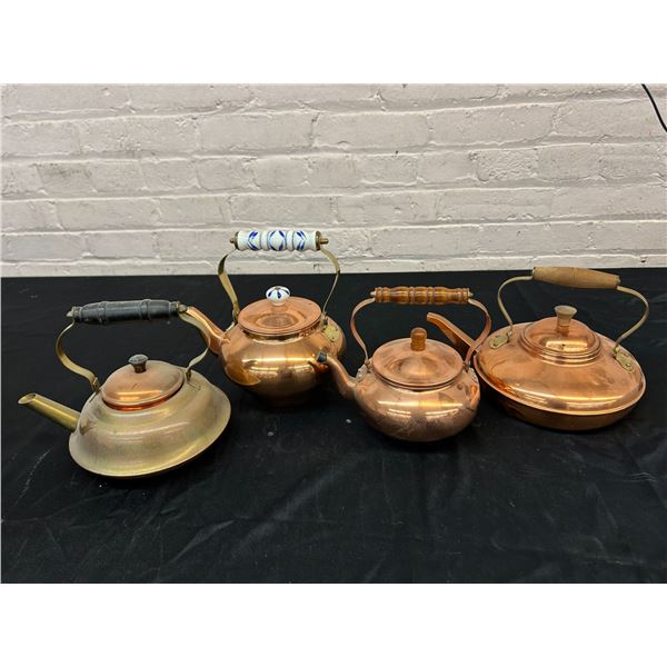 Lot of 3 Copper Tea Pots, 1 with Ceramic Handle, Brass Tea Pot
