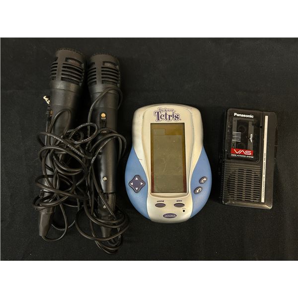 Lot of Microphones and Tetris Handheld Game, Microcassette Player