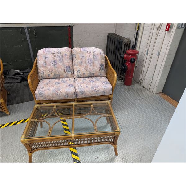 Bamboo Rattan Loveseat Sofa and Glass Top Coffee Table