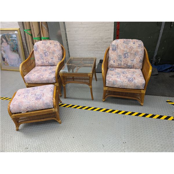 Pair of Bamboo Rattan Chairs Footstool and Glass top Table