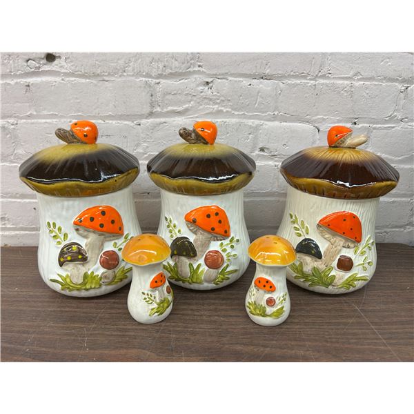 Merry Mushroom Vintage Canister Set 3pcs and Salt Pepper Shakers
