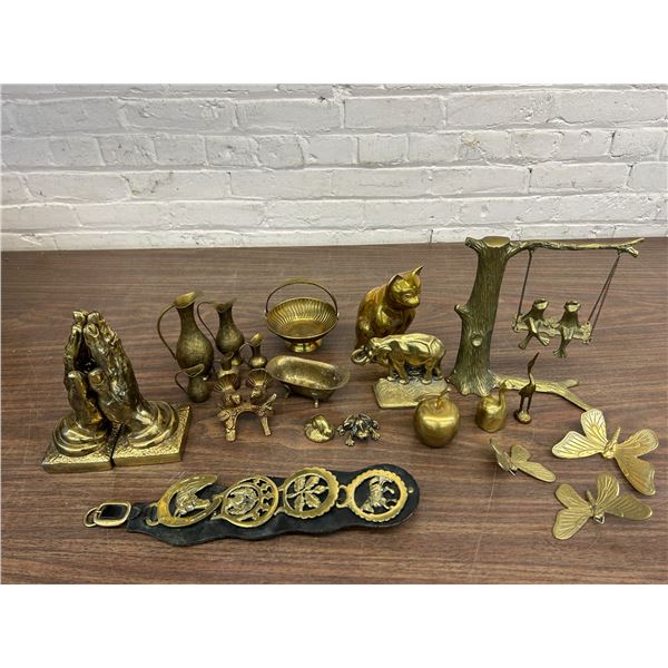 Lot of Assorted Brass Figurines, Hand Bookends, Frog, Elephant, Cat, Butterfly, etc