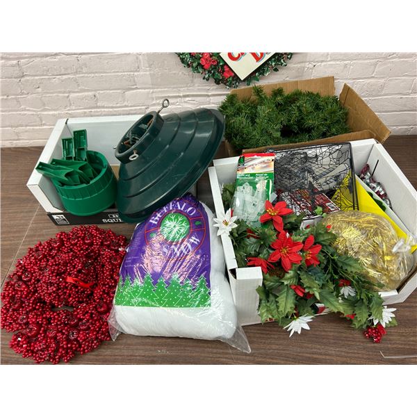 Lot of Assorted Christmas Decor Berry Wreath, Tree Stand, Garland, Etc