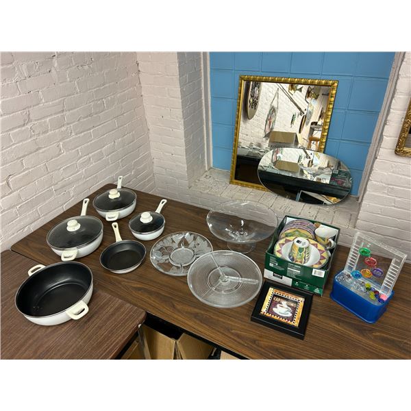 END OF THE RUN Glass Serving Footed Platters, Mugs and Plates Set, etc