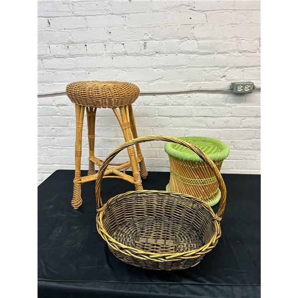 3pcs of Woven Wicker Side Table, Foot Rest and Basket