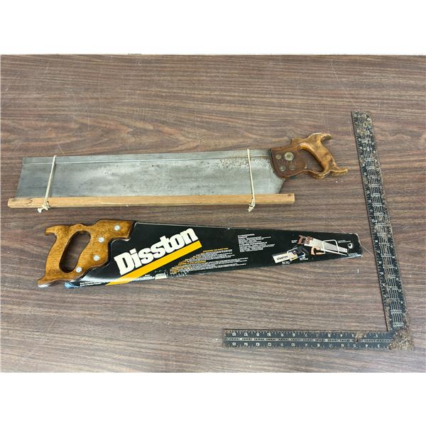 Lot of 2 Hand Saws with Wooden Handles and Right Angle Measuring Stick