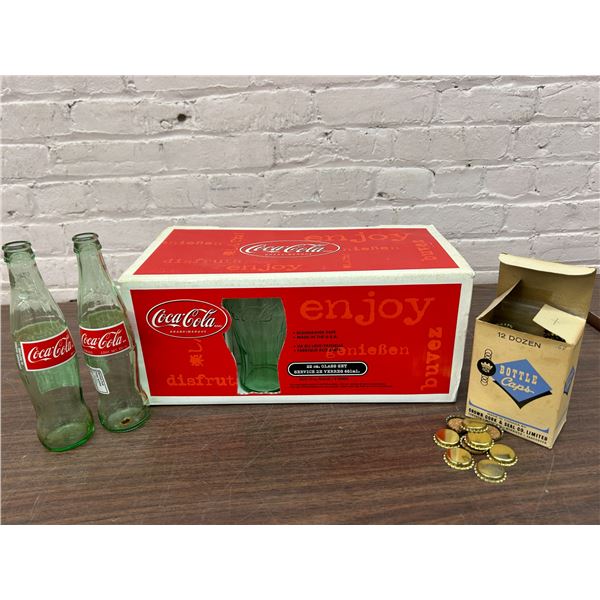 Coca Cola Bundle 2 Bottles,  8pc 22oz Glass Set and Gold Tone Plain Bottle Caps
