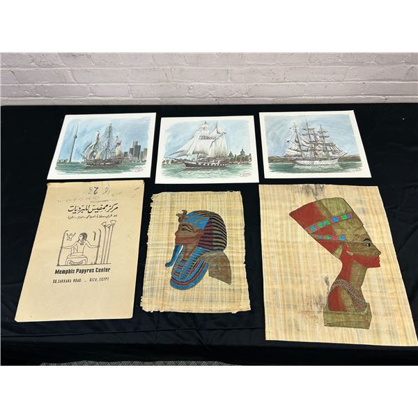 Memphis Papyrus Center Envelope with 2 Egyptian Paintings on Tree Bark, Sailboat Art Prints Ben B.