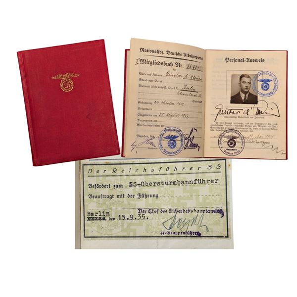 NSDAP Party Membership Book for Gunter d'Alquen with Heydrich Signed Promotion Page