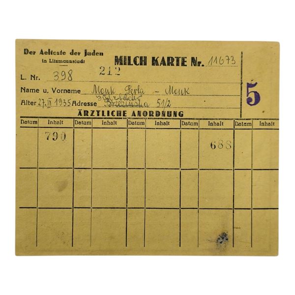 Milk Ration Card for Jewish Child from Lodz Litzmannstadt Ghetto