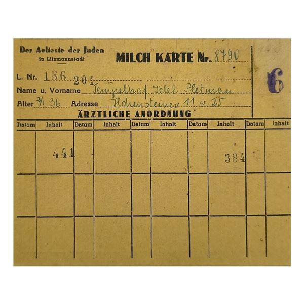 Milk Ration Card for Jewish Child from Lodz Litzmannstadt Ghetto