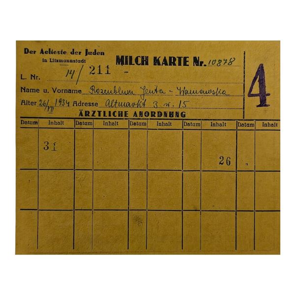 Milk Ration Card for Jewish Child from Lodz Litzmannstadt Ghetto