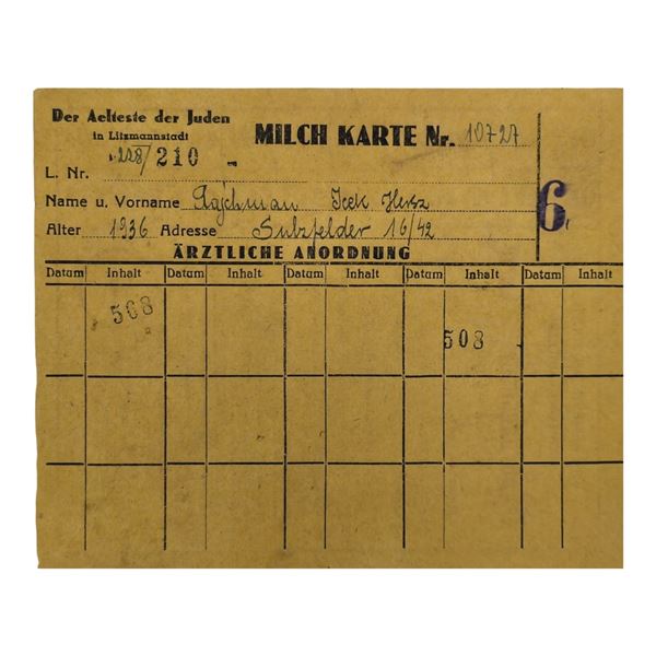 Milk Ration Card for Jewish Child from Lodz Litzmannstadt Ghetto