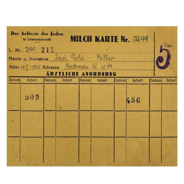 Milk Ration Card for Jewish Child from Lodz Litzmannstadt Ghetto