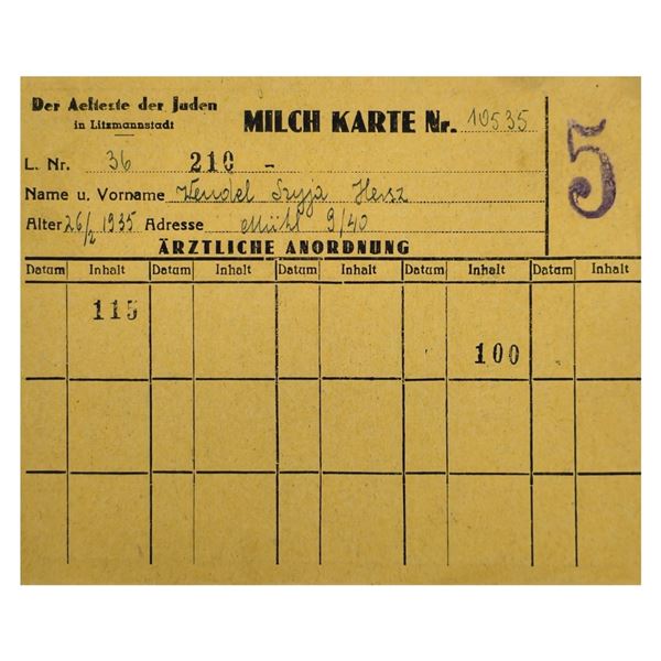 Milk Ration Card for Jewish Child from Lodz Litzmannstadt Ghetto