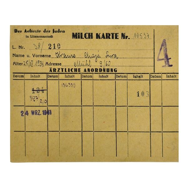 Milk Ration Card for Jewish Child from Lodz Litzmannstadt Ghetto