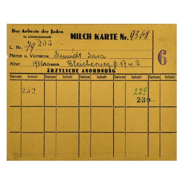 Milk Ration Card for Jewish Child from Lodz Litzmannstadt Ghetto