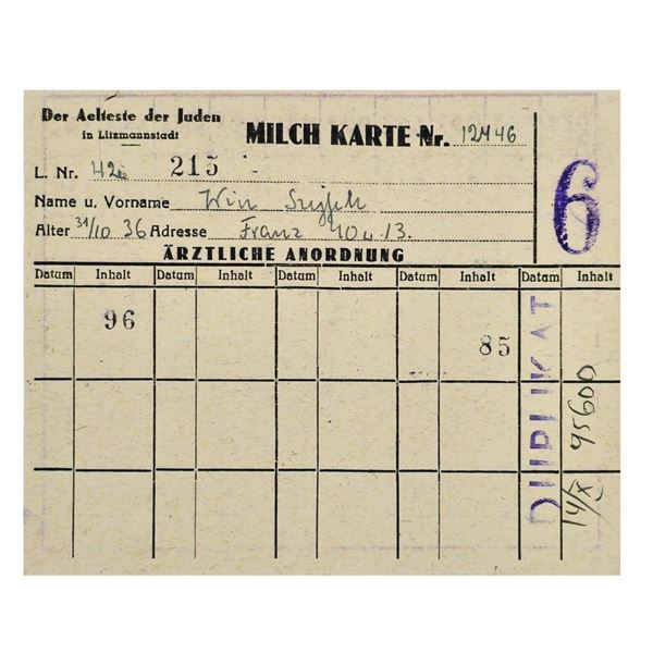 Milk Ration Card for Jewish Child from Lodz Litzmannstadt Ghetto