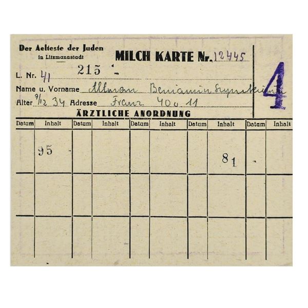Milk Ration Card for Jewish Child from Lodz Litzmannstadt Ghetto