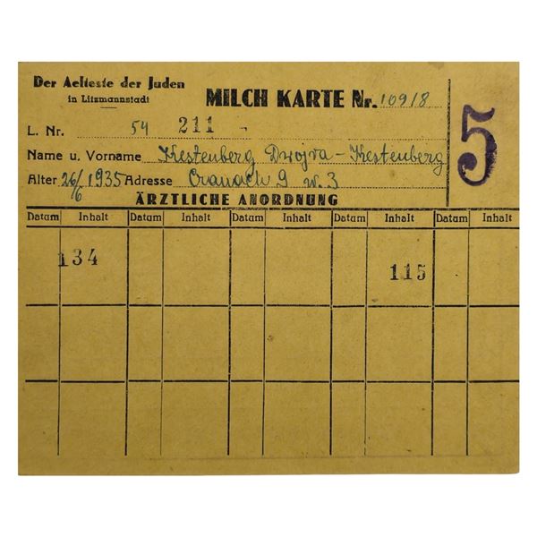 Milk Ration Card for Jewish Child from Lodz Litzmannstadt Ghetto