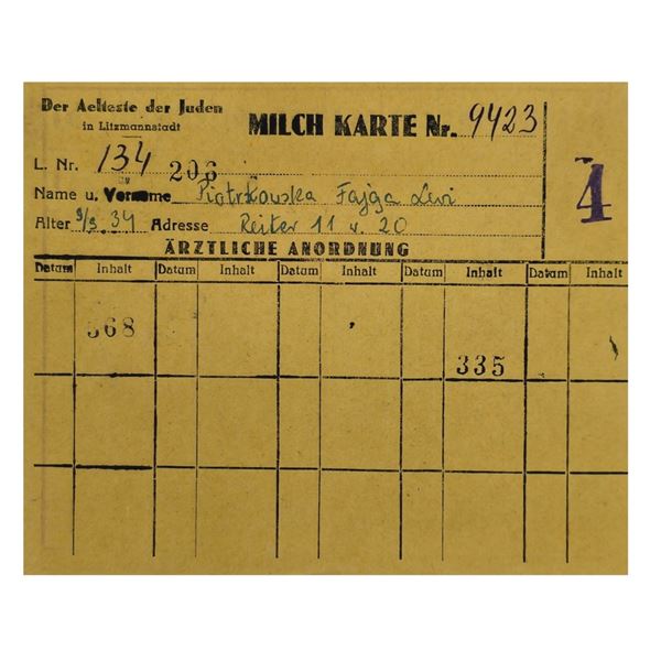 Milk Ration Card for Jewish Child from Lodz Litzmannstadt Ghetto