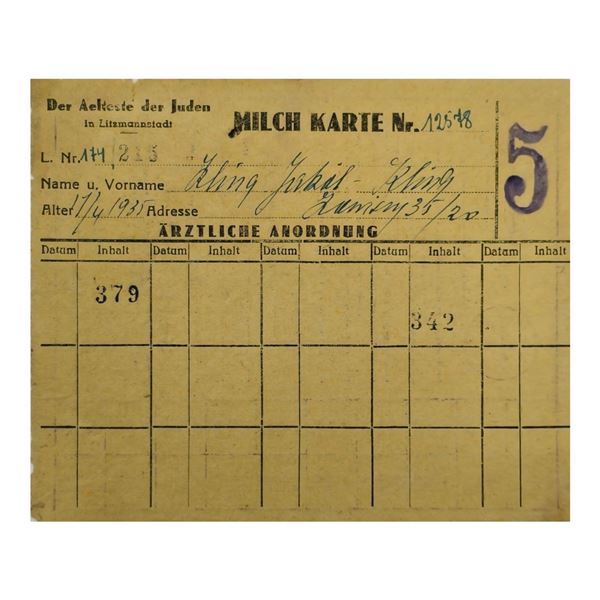 Milk Ration Card for Jewish Child from Lodz Litzmannstadt Ghetto