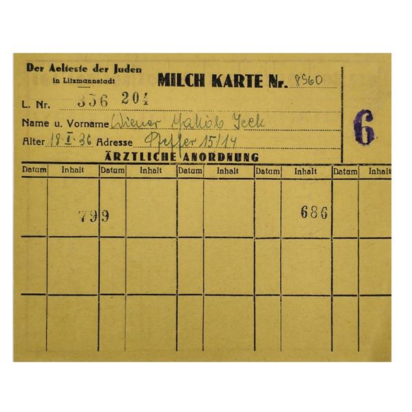 Milk Ration Card for Jewish Child from Lodz Litzmannstadt Ghetto