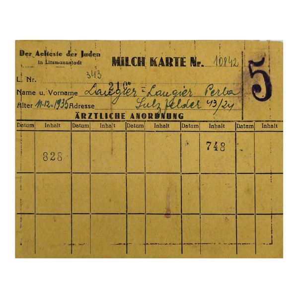 Milk Ration Card for Jewish Child from Lodz Litzmannstadt Ghetto