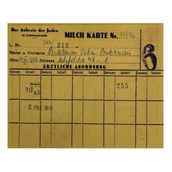 Milk Ration Card for Jewish Child from Lodz Litzmannstadt Ghetto