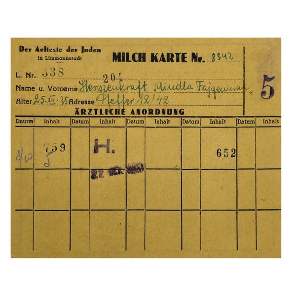 Milk Ration Card for Jewish Child from Lodz Litzmannstadt Ghetto