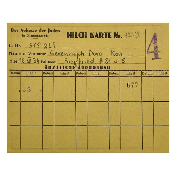 Milk Ration Card for Jewish Child from Lodz Litzmannstadt Ghetto