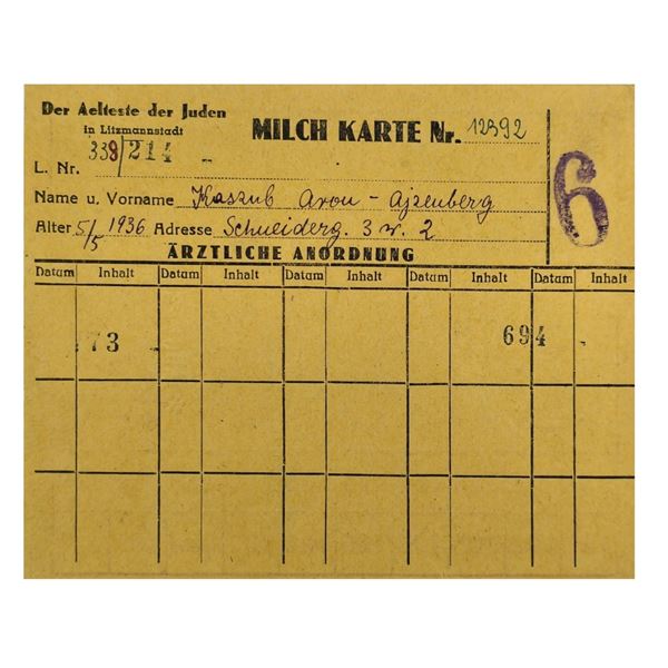 Milk Ration Card for Jewish Child from Lodz Litzmannstadt Ghetto